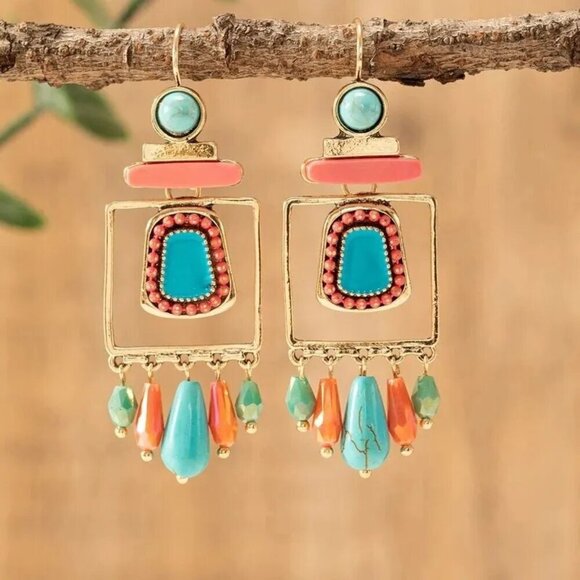 NEW Drop Dangle Earrings Colorful Turquoise Goldtone Women jewelry gift Boho - Picture 4 of 4